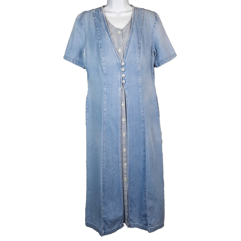 VTG‎ 90s Button Front Denim Gingham Dress Womens 12 Cottagecore Prairie Western